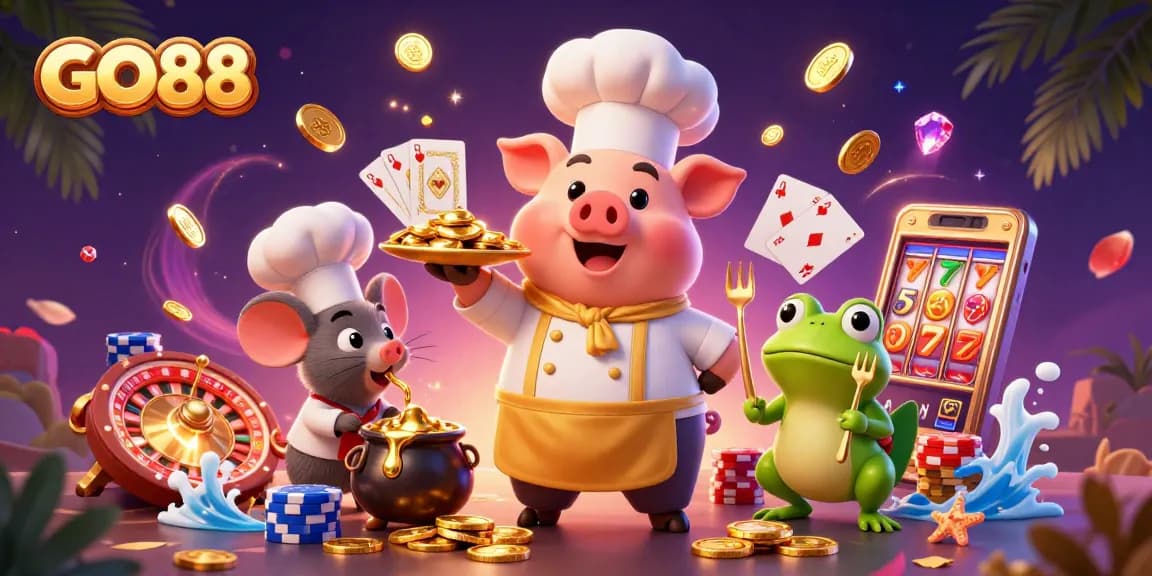 Experience thrilling gameplay with GO88 as a cartoon chef serves gold coins amidst vibrant casino elements.