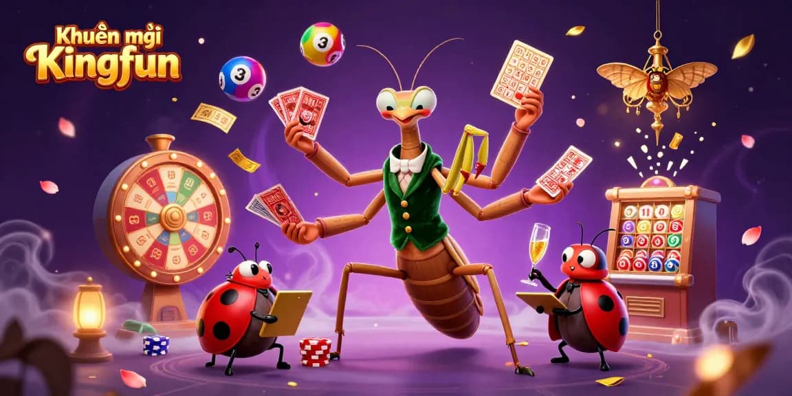 Join the excitement with Khuyến mãi Kingfun as vibrant lottery balls and prizes rain down in this dynamic casino scene.