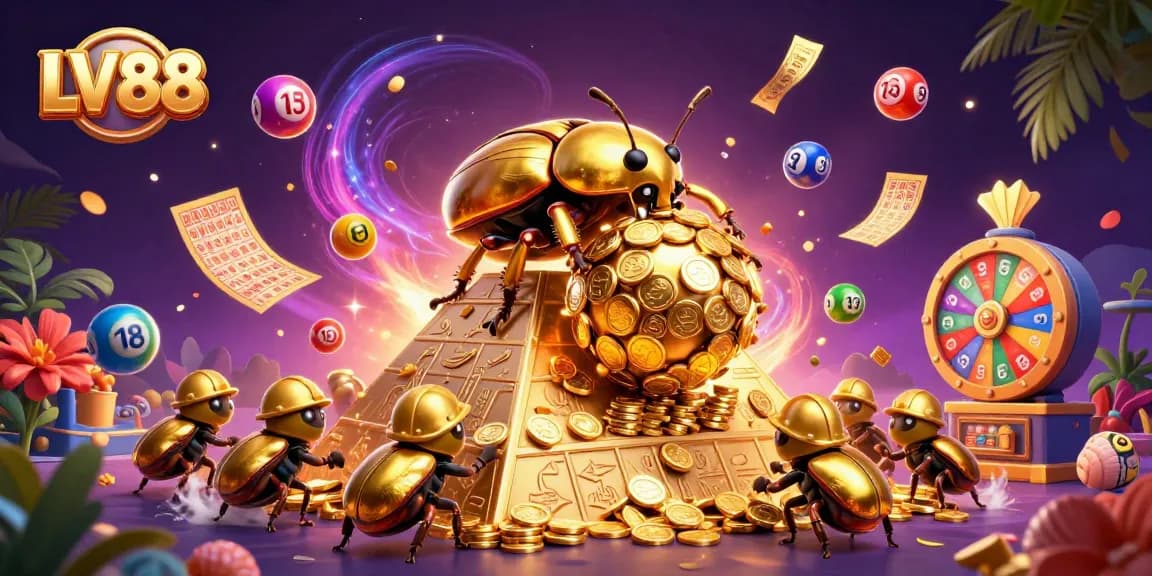 Play at LV88 with vibrant lottery balls and exciting game elements in an engaging casino scene.