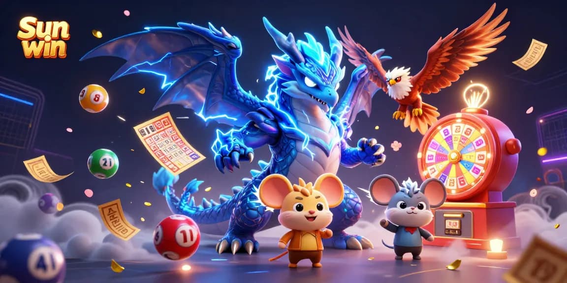 Spin to win with Sun win's electric dragon, colorful lottery elements, and dynamic casino atmosphere.
