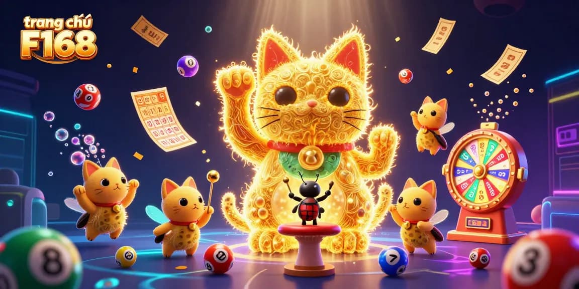 Engage with the vibrant scene on trang chủ F168, featuring a giant lucky cat and dynamic casino elements.