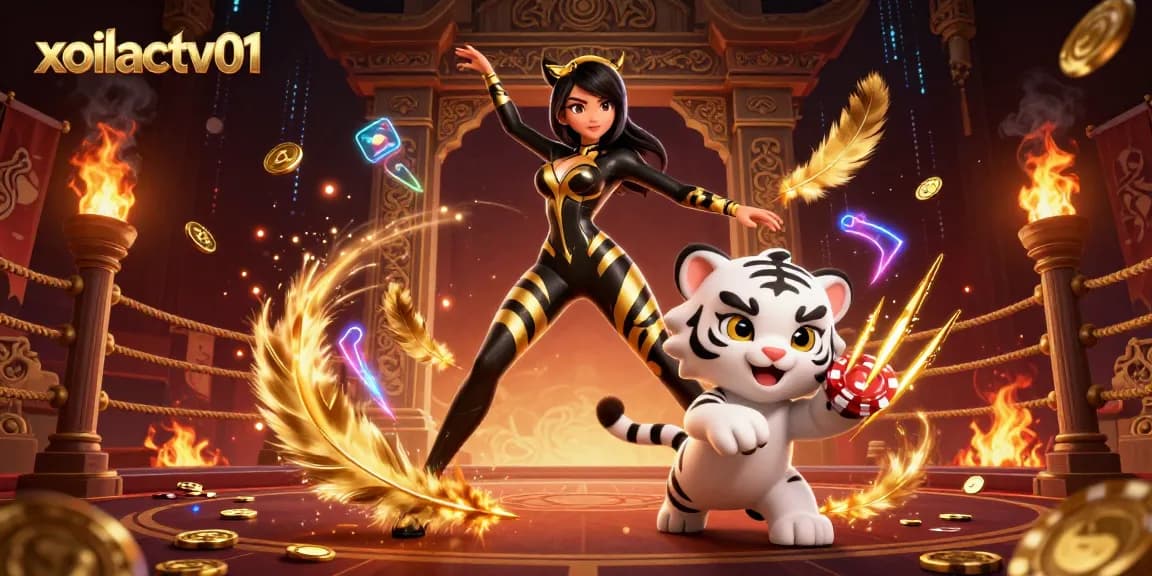 Xoilactv01 showcases an acrobatic woman and a baby tiger amongst vibrant casino elements, emphasizing thrilling sports betting.