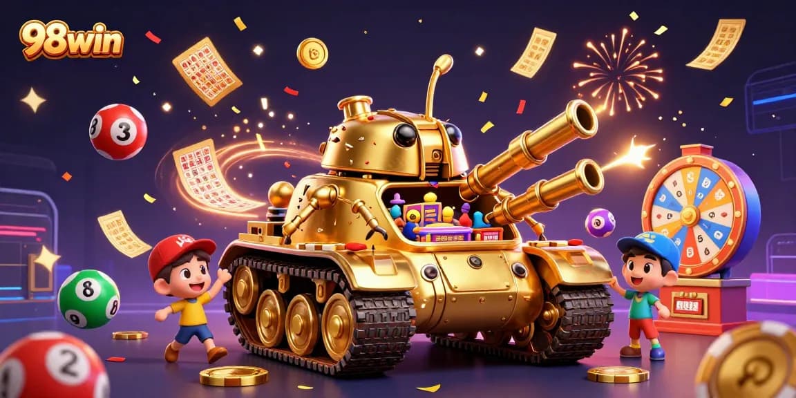 Experience the vibrant world of 98win with a dynamic casino scene filled with festive game elements and excitement.