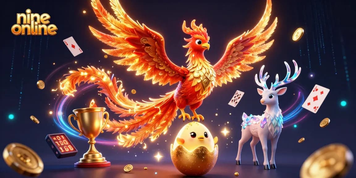 Engage with nine online, an exhilarating card game featuring vibrant scenes with a dynamic phoenix and casino elements.