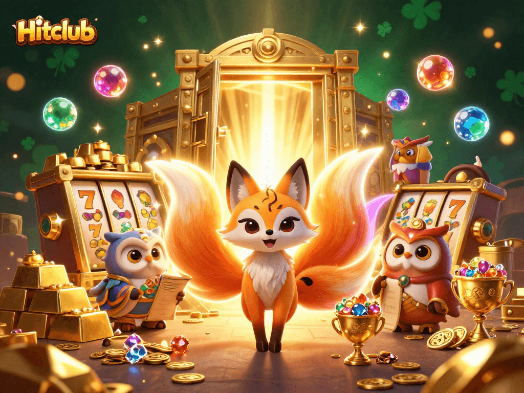 Hitclub animates with a lively illustration of gambling excitement featuring a colorful nine-tailed fox and treasures.