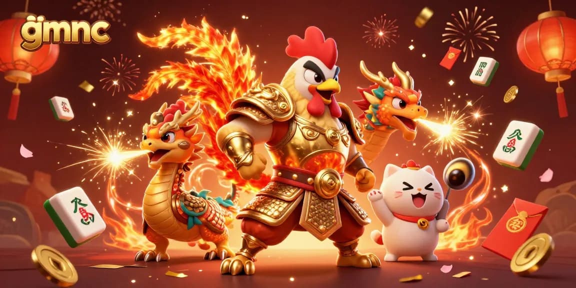 Join the excitement at gmnc with a dynamic scene of a fighting rooster warrior and dragon hatchling.