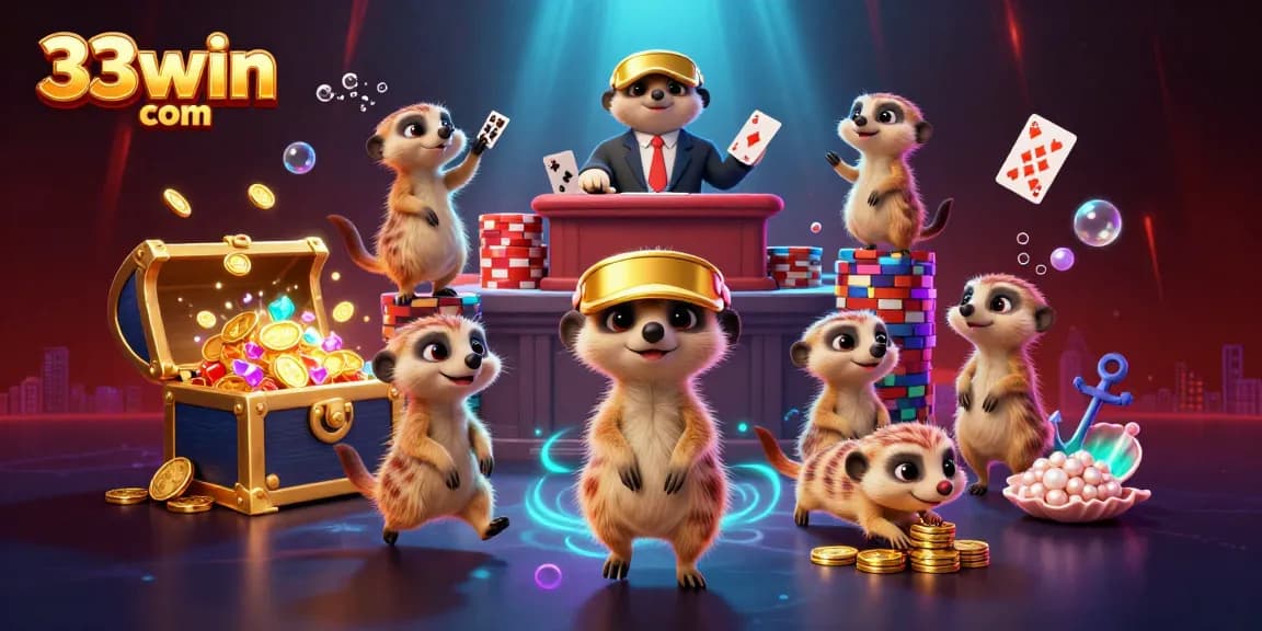 Experience exciting moments at 33win com with meerkats managing a vibrant casino, overflowing with treasures.