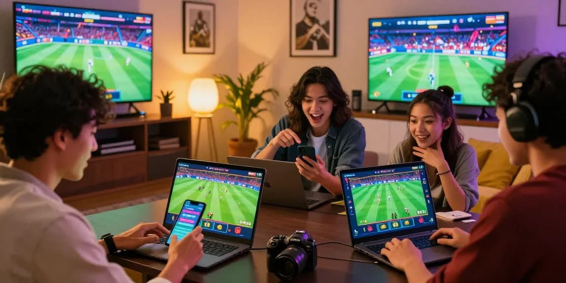 Engaging sports betting scene highlighting Link Resmi Sbobet Dewacash as friends enjoy online gambling experience.