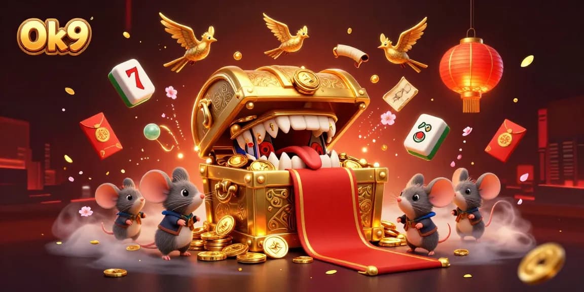 Engage with Ok9's vibrant casino experience featuring a rich scene of treasures and gaming elements.