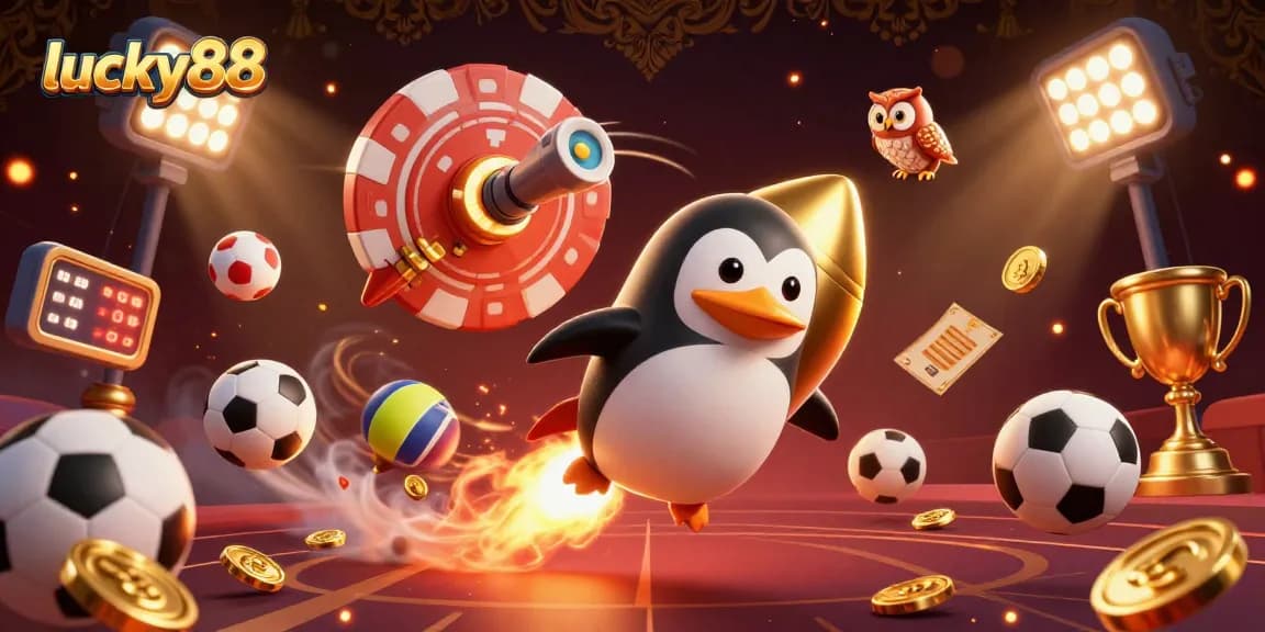 Experience lucky88's thrilling action as a golden penguin navigates a vibrant casino-themed galaxy.