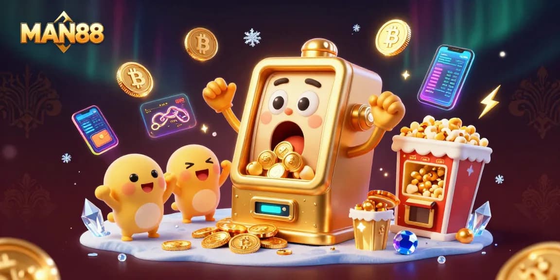 MAN88 slot machine hits a jackpot showering coins, celebrating a vibrant casino atmosphere.