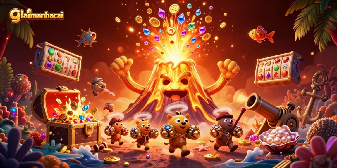Experience the thrill of giaimanhacai with an explosive golden volcano scene, treasure-filled and vibrant.