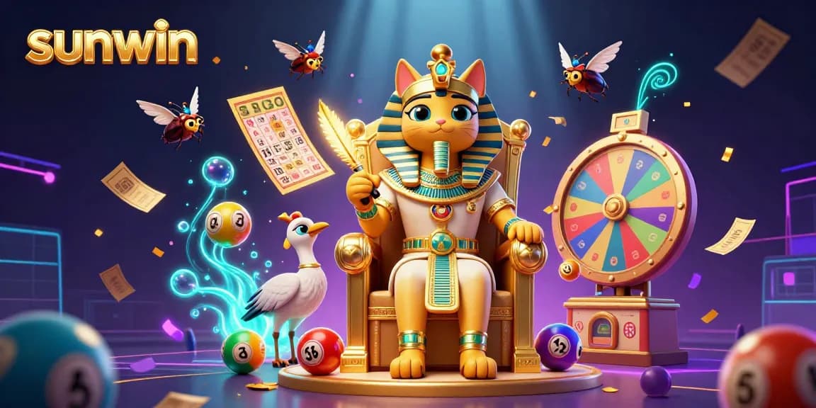 Engage with sunwin's vibrant lottery scene featuring an Egyptian cat and colorful game elements.