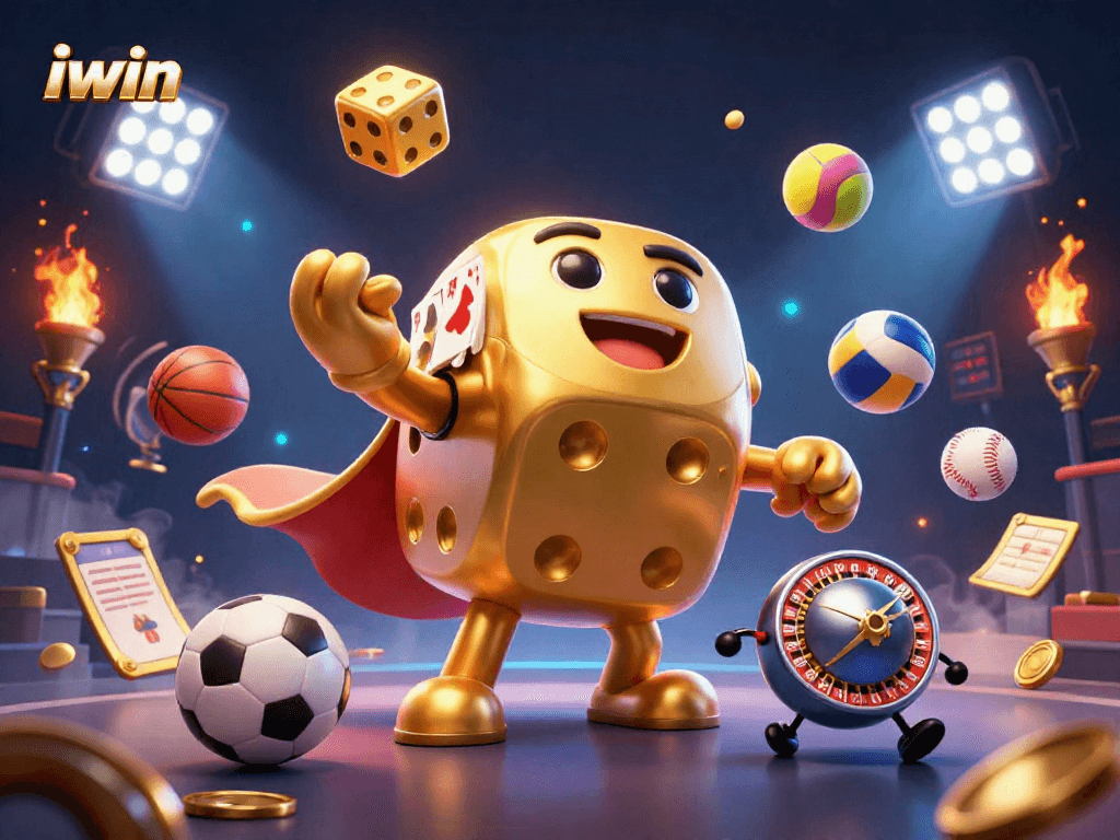 iwin the spirited 3D casino scene showcases a golden dice golem amidst flying sports balls.