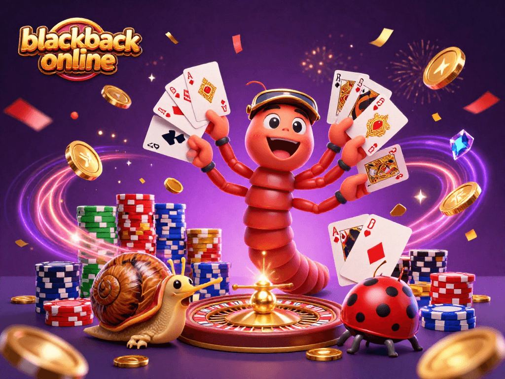 Experience the excitement of blackjack online with a vibrant casino scene featuring colorful characters, cards, and dazzling effects.