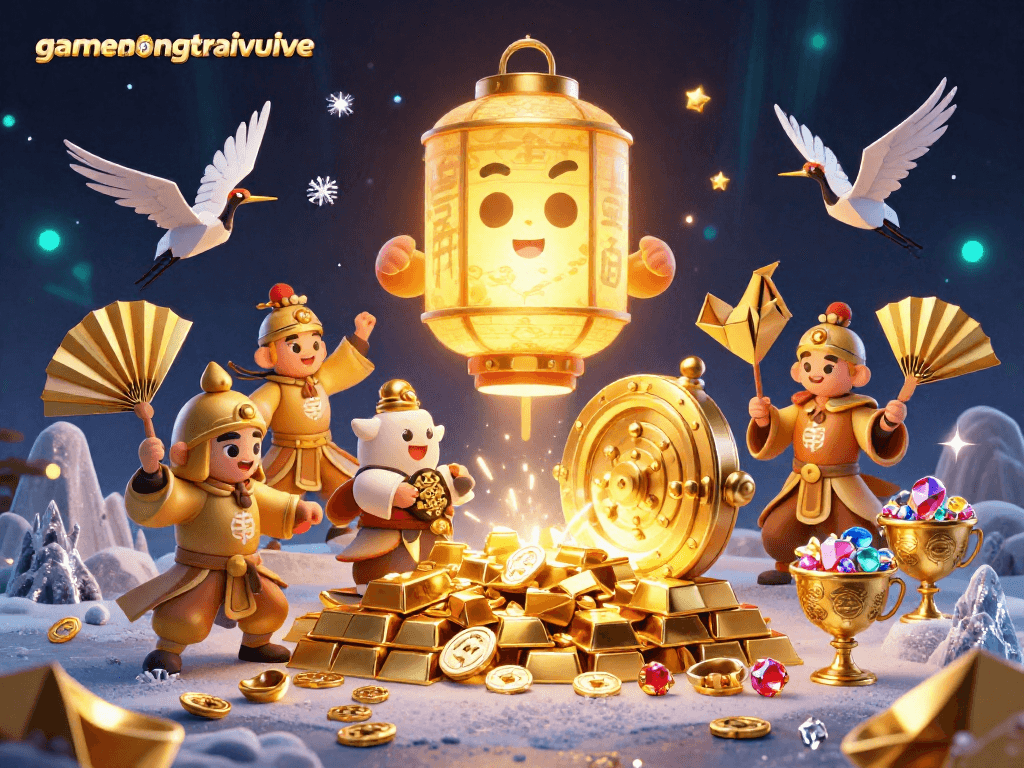 Experience gamenongtraivuive in this vibrant 3D casino scene with glowing lanterns and treasure.