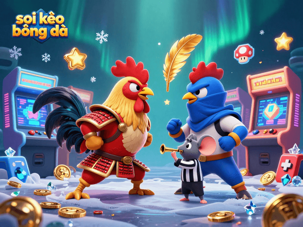 Soi kèo bóng đá in a fierce standoff between fighting roosters, arcade elements around them.