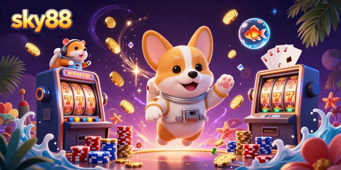 Experience the exciting world of sky88 with an astronaut corgi in a casino, surrounded by slots and energy.