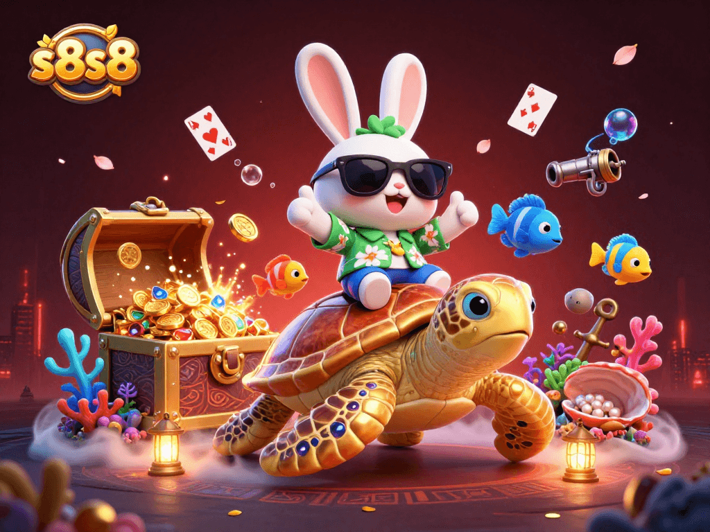 S8s8 showcases its vibrant gambling scene with happy characters, treasure, and casino vibes.