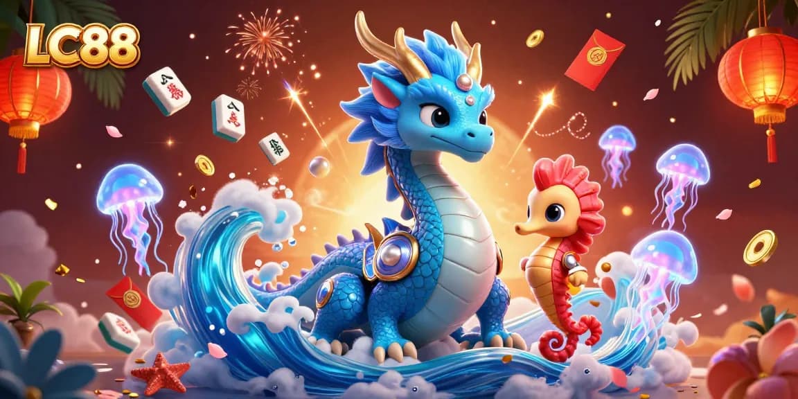 Experience thrilling gameplay at LC88 with a stunning 3D water dragon surrounded by vibrant casino elements.