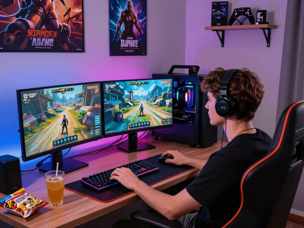 Engaged gamer playing porn games on a dual-monitor setup, showcasing vibrant graphics and ambient lighting.