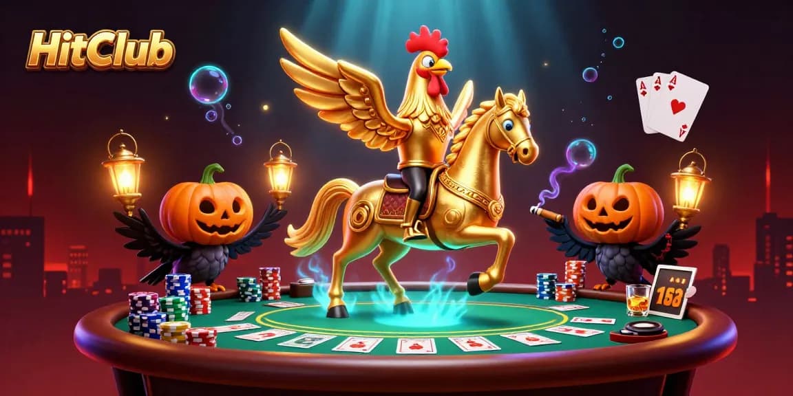 HitClub offers thrilling gameplay with a golden rooster in a casino atmosphere, surrounded by poker elements.