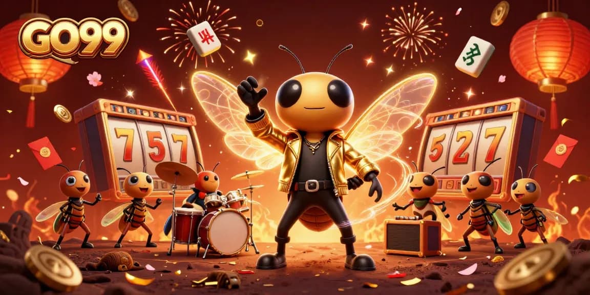 Spin the reels and win with GO99's vibrant casino scene featuring festive elements.