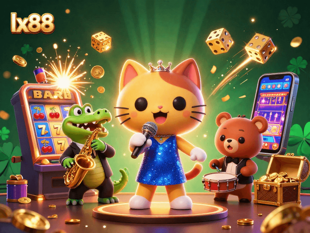 Watch the lively lx88 casino scene with a cat singer, crocodile saxophonist, and bear drummer, celebrating gaming excitement.