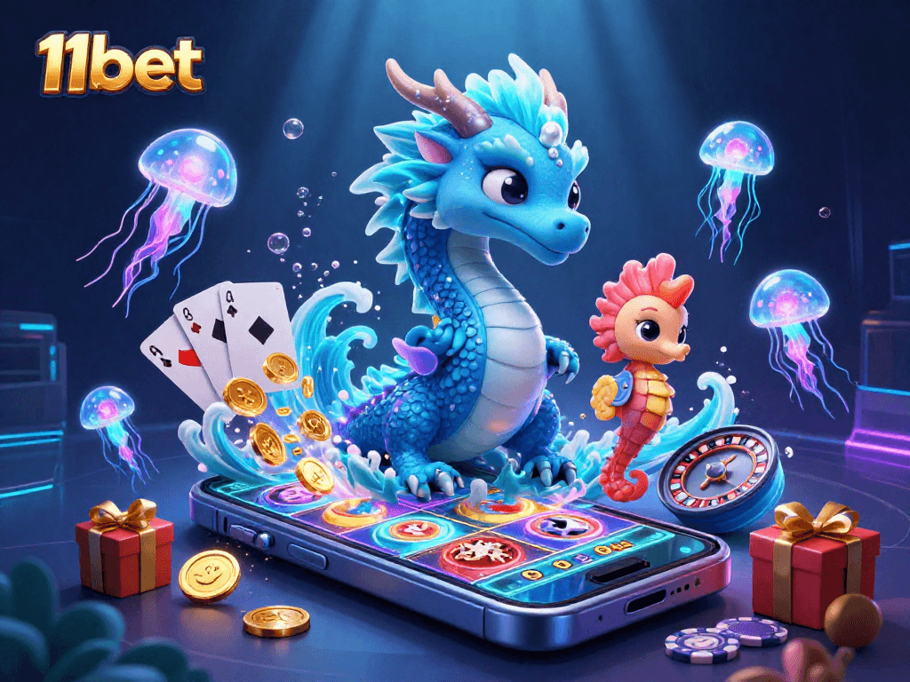 Win exciting prizes with 11bet's unique 3D underwater casino scene featuring vibrant characters.