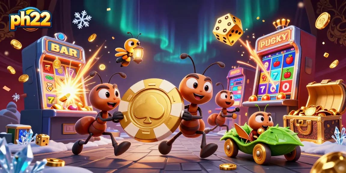 ph22 ants carry a giant poker chip in a vibrant 3D casino scene with jackpots and thrills