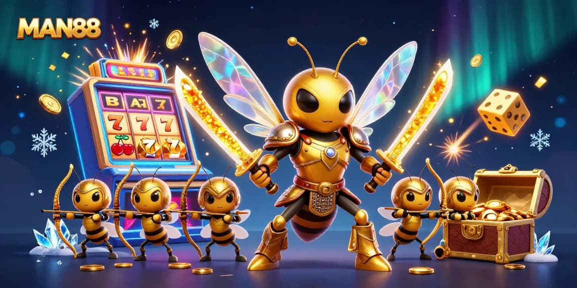 Experience the thrill of winning at MAN88 with a vibrant 3D casino illustration showcasing golden hornets and jackpot excitement.