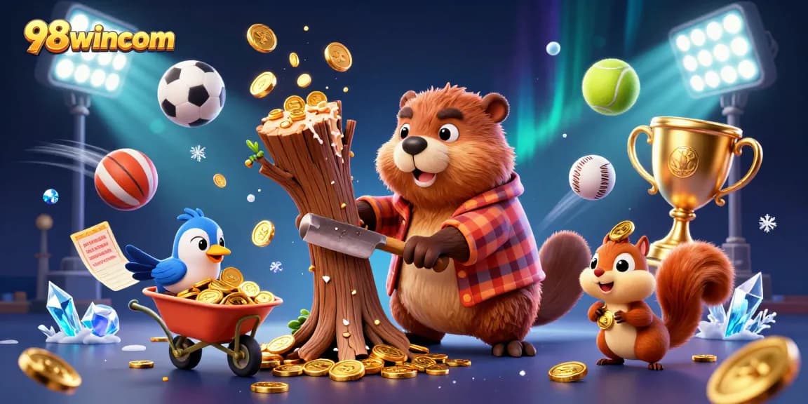 Experience thrilling wins with 98wincom's vibrant illustration of betting adventures featuring lively characters.