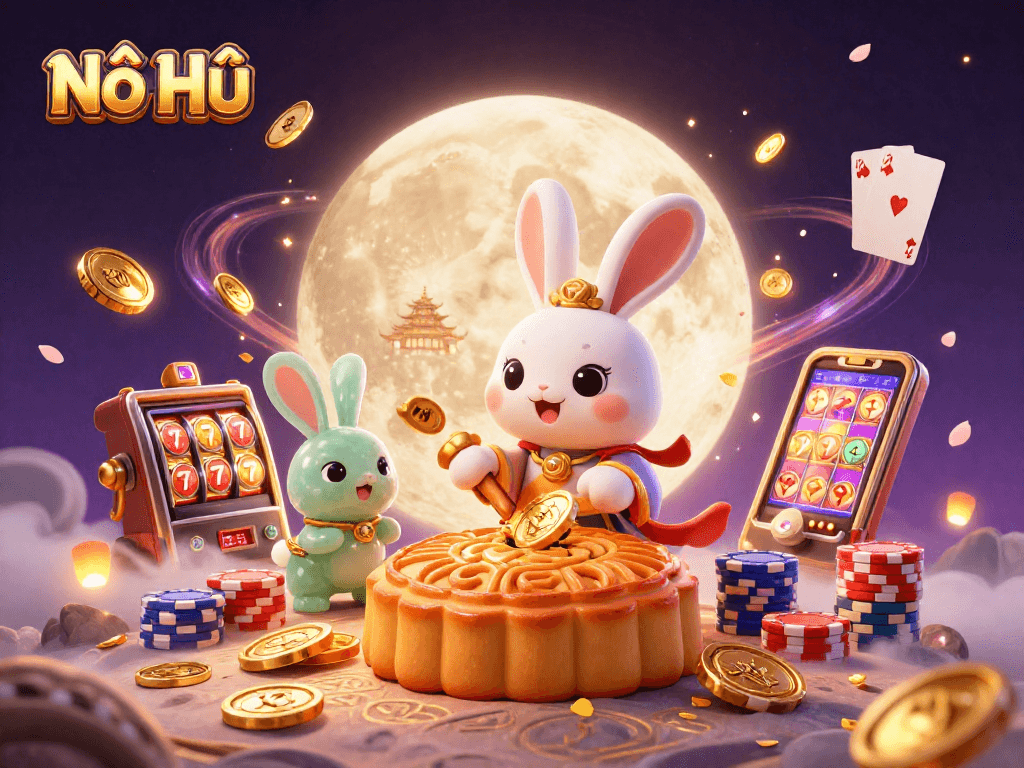 Nổ Hũ showcases the moon rabbit in a vibrant casino scene with golden coins and slot machine reels.