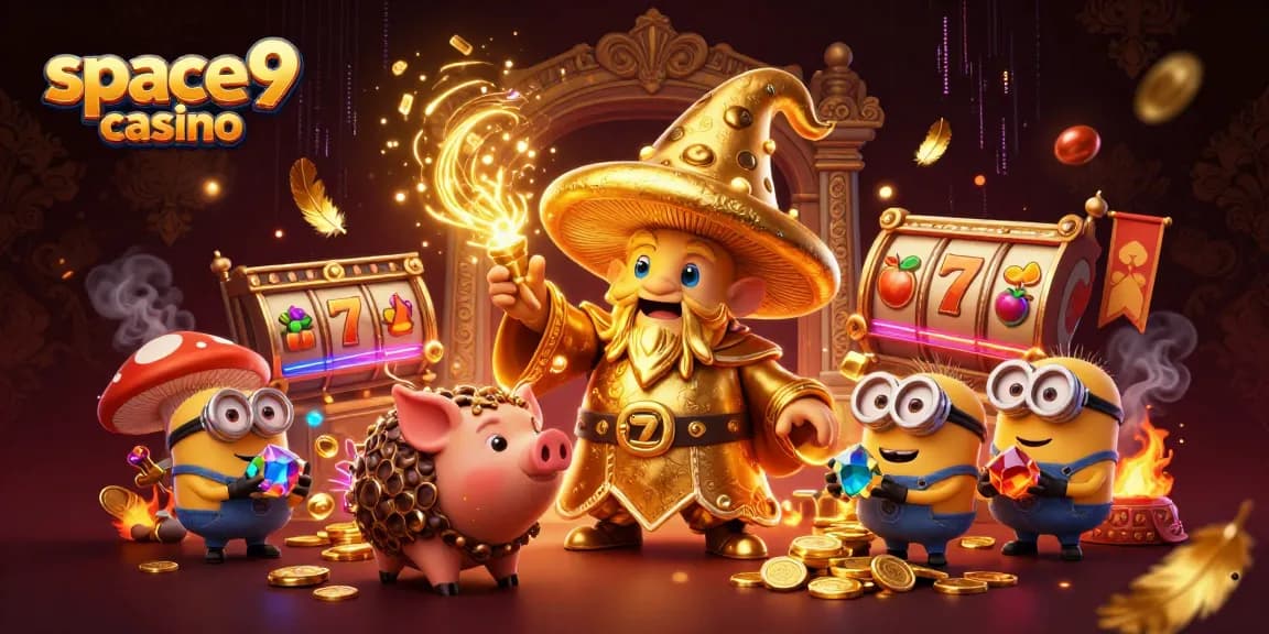 Experience the excitement of space9 casino with a colorful wizard scene full of treasures and gold.