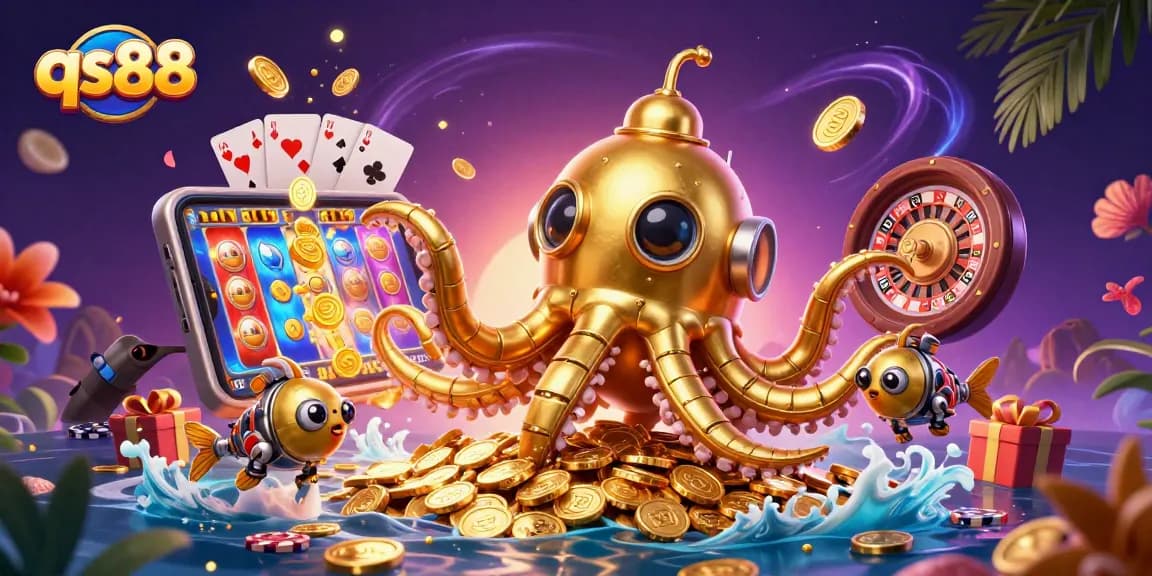 Experience qs88 excitement with a golden kraken submarine amidst a flurry of casino games and treasures.