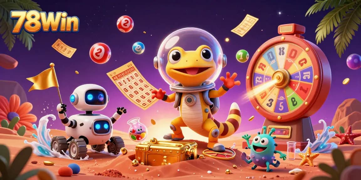 Join the adventure with 78Win as the Martian gecko discovers a golden casino amidst vibrant game elements.