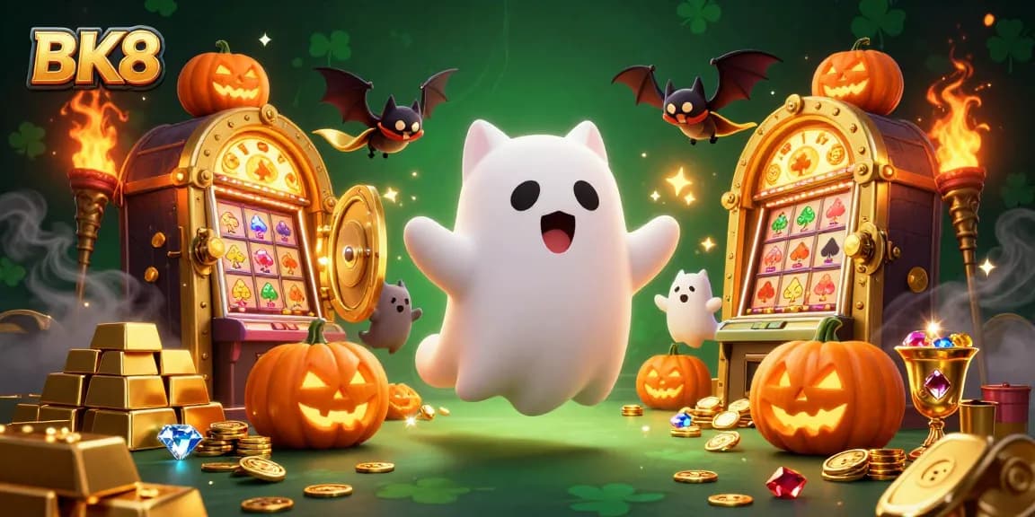 Win big with BK8 as a ghost cat and vampire bat float through a haunted casino scene.