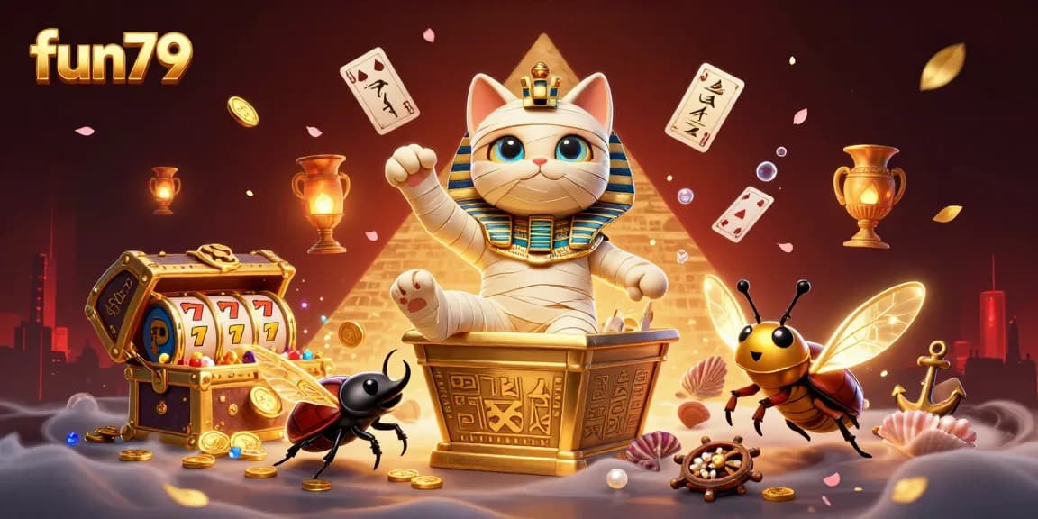 Experience the thrill of fun79 with a vibrant casino scene featuring a mummy cat and golden elements.