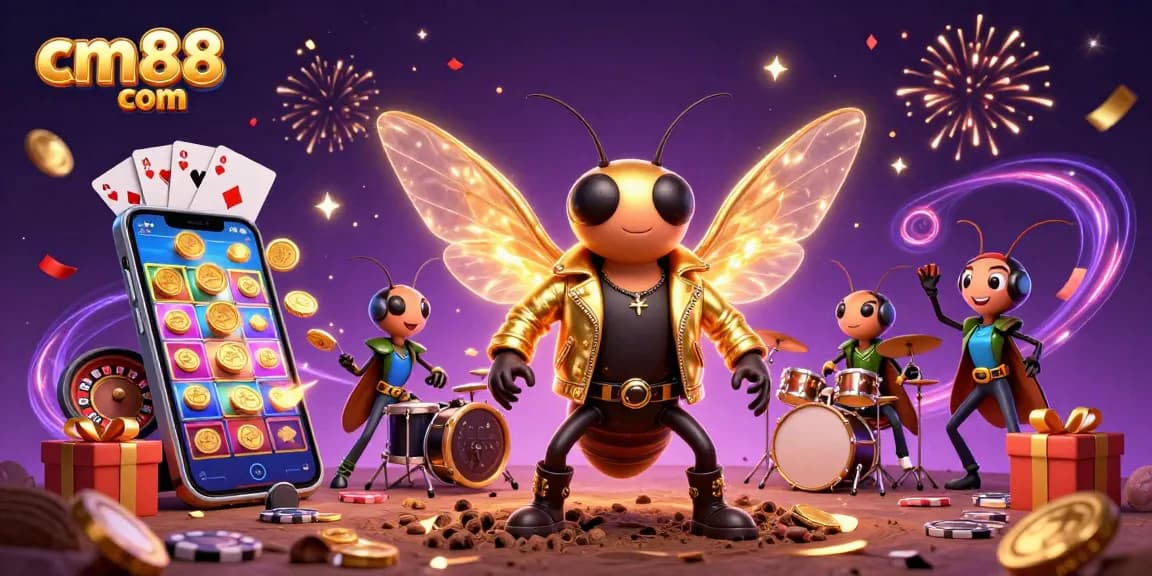 Spin the reels in style at cm88 com with a vibrant casino party featuring animated critters and exciting game elements.