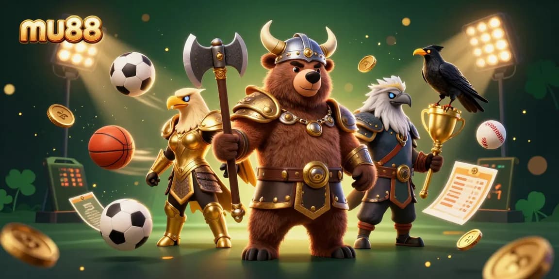 mu88 sports betting action with Viking berserker and Valkyrie eagle among dynamic sports elements.