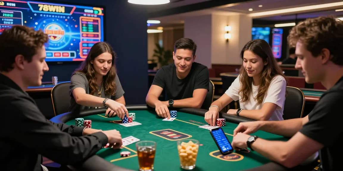 Friends enjoying a thrilling game at 78win casino, showcasing vibrant digital graphics and engaging atmosphere