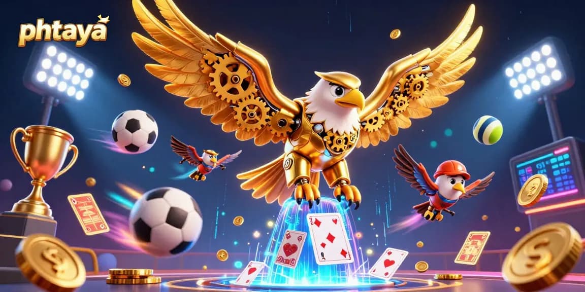 Phtaya offers dynamic sports betting adventures, joined by cybernetic eagles amidst flying sports elements.