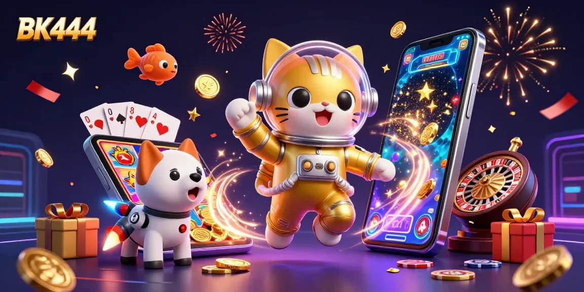 Experience thrilling gaming at BK444 with colorful slots, golden coins, and lively characters.