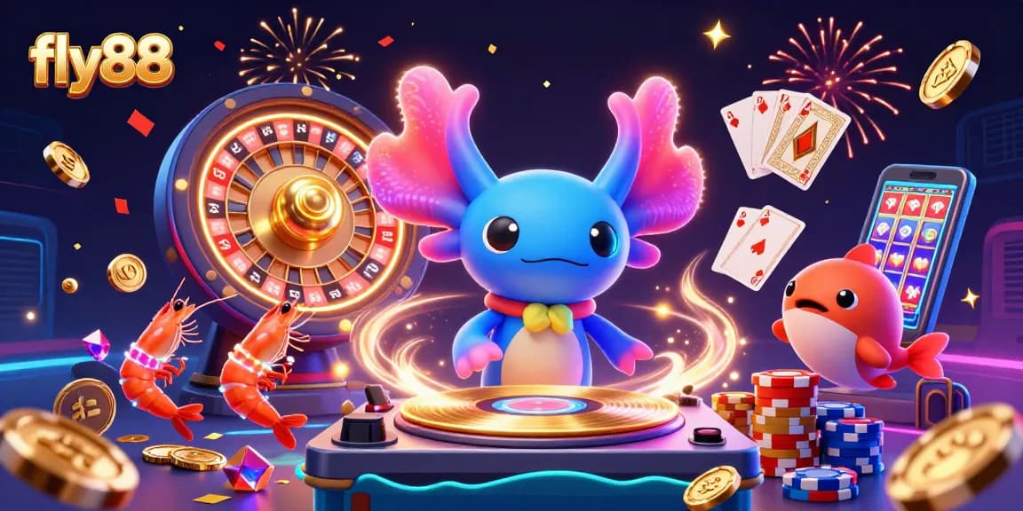 Experience the thrill of fly88 as a DJ axolotl spins while treasures cascade in a vibrant underwater casino.