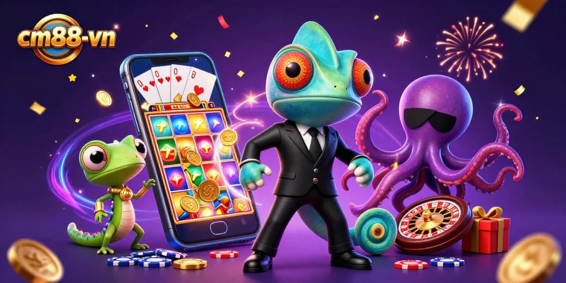 Experience thrilling gameplay with cm88-vn featuring vibrant casino action, golden coins, and animated characters.
