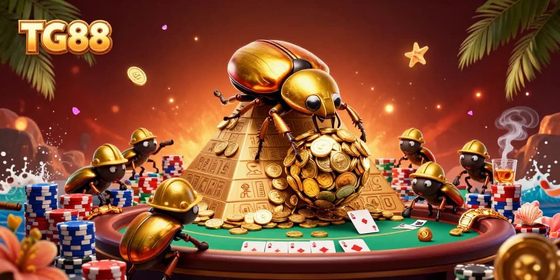 Experience high-stakes action with TG88 in this dynamic scene of a golden dung beetle and poker elements.