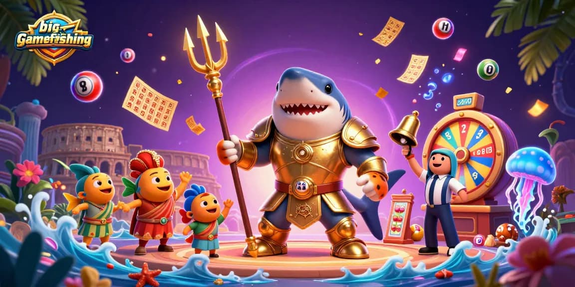 Join the big-gamefishing adventure with a fierce shark and dynamic casino elements in an underwater scene.