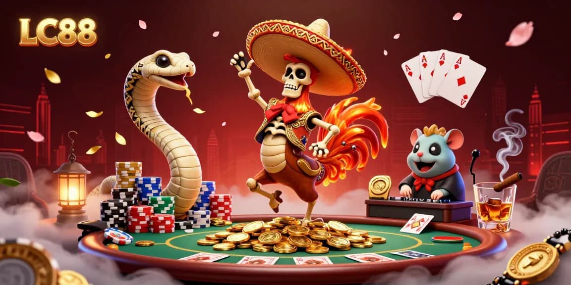 Experience thrilling wins with LC88's vibrant casino scene featuring dynamic characters and rich gaming elements.