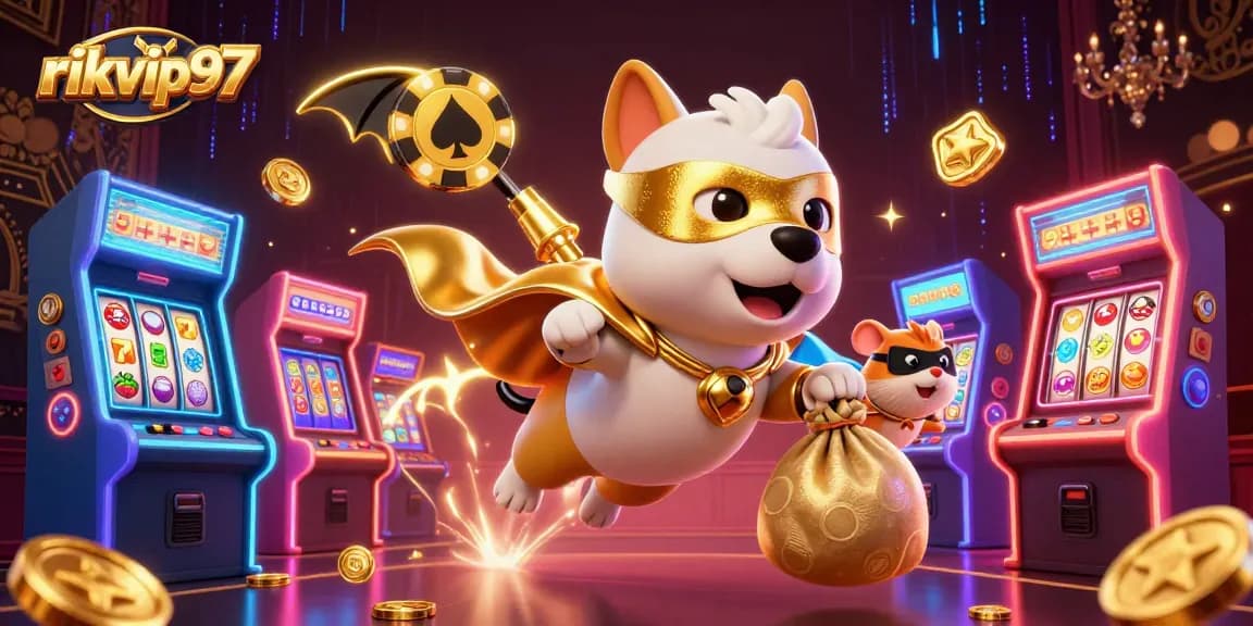 rikvip97 welcomes you to a vibrant casino adventure with a superhero dog and hamster