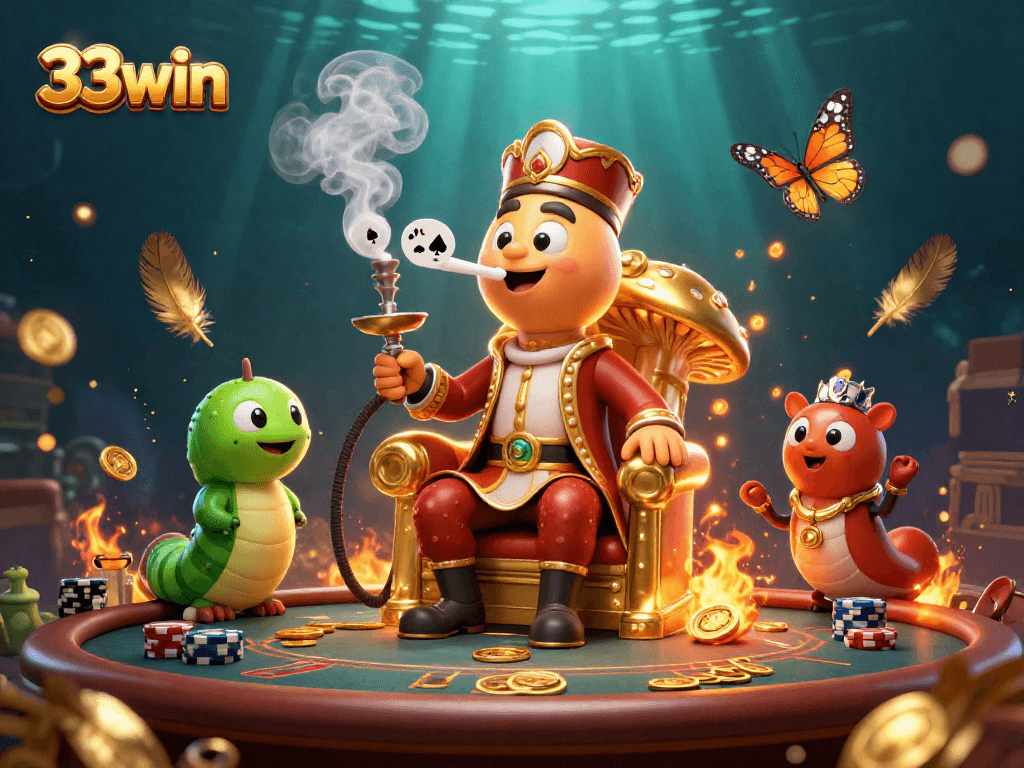 33win enhances online poker excitement with a vibrant, engaging illustration full of gaming elements.
